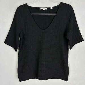 Vince women size L v-neck smocked textured top black cotton stretch